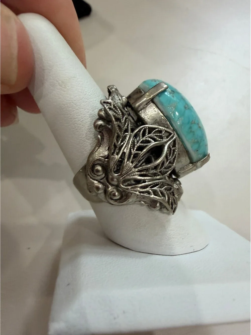 Vintage Silver-Tone Ring with Large Turquoise Stone